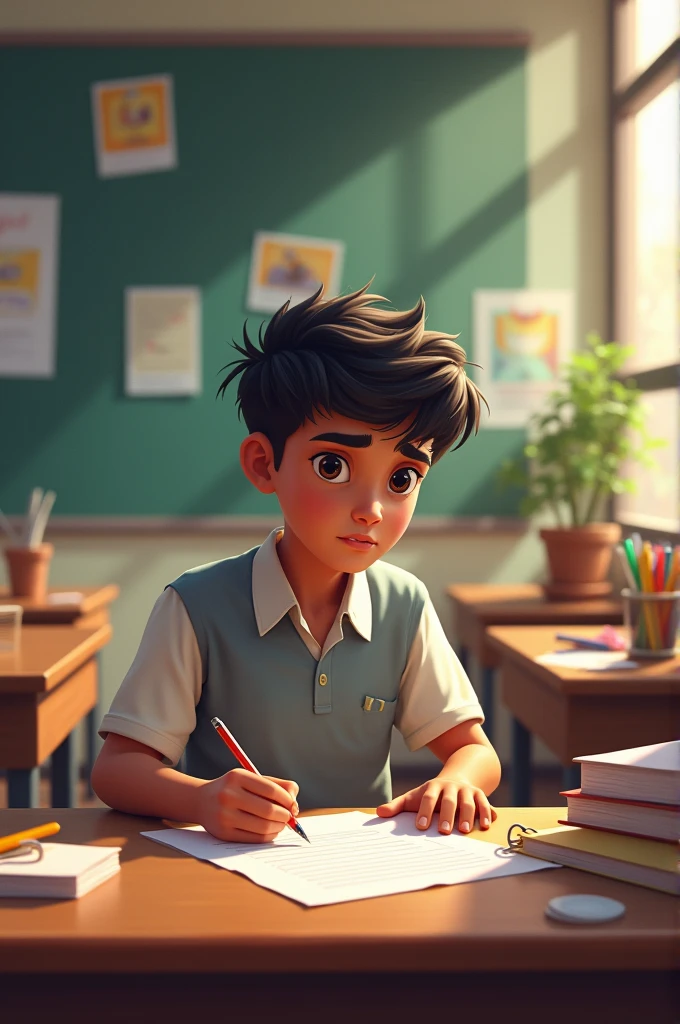 "Pradeep, a hopeful young student, is seated at a desk, filling out a nomination form to become the next school captain. He is focused and determined, with a look of concentration on his face. The setting is a classroom with school supplies and posters in the background, hinting at the school environment where the election process is taking place."