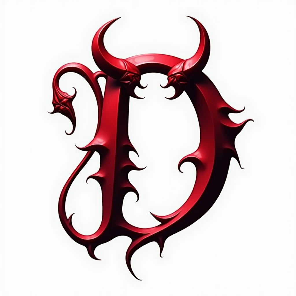 (logo design) sexy evil logo, a sexual striking red letter D, adorned with demon horns, and a sinuous demon tail extending from the base, dynamic and bold, emphasizing a dark theme, glossy finish, high-resolution, creating an impression of sexuality and power. White background.