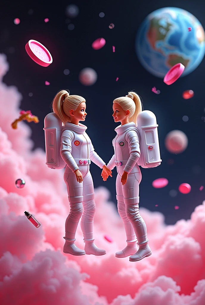 2 astronaut barbie dolls in space with happy pink beauty objects