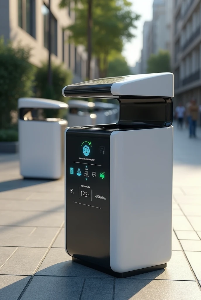 a smart trash can from SmartTrash. The trash can is sleek and futuristic, with a minimalist design and a visible solar panel on top. In the trash can display, there is a digital interface that shows the filling level and the categories of waste detected (Organic, recyclable, não recyclable).
No fundo, the city is clean and organized, with other smart bins visible in the distance, highlighting system integration.