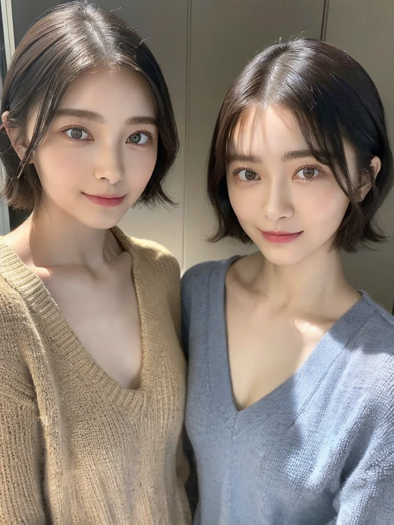 (masterpiece:1.3), (8k, Photoreal, Raw photo, best image quality: 1.4), Japanese high school girl、(random hairstyle:1.2)、cleavage:1.5、super detail face、eye for details、double eyelid、chest to chest、sharp focus:1.2、Beautiful woman:1.4、light brown hair、highest quality、masterpiece、超A high resolution、(Photoreal:1.4)、Highly detailed and professionally lit smiles、loose and light knitwear、shoulder out、thin、serious expression、short haired、deadly position
similar identical twins
All the girls have the exact same face, The two have the same face and figure, as if they were mirror images.