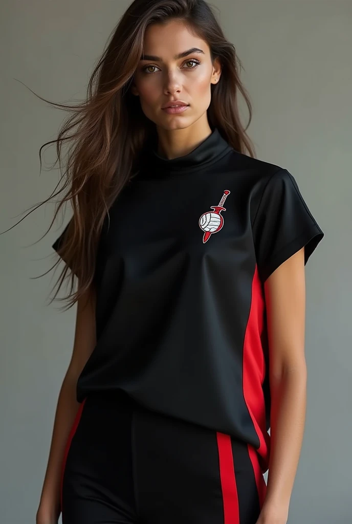 Black blouse with red side stripes with a small emblem of a volleyball with a sword stuck in it on the left side of the chest