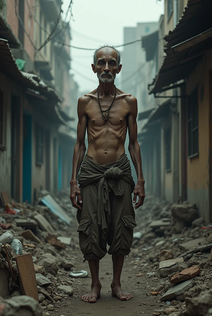 Man living in a slum without clothes