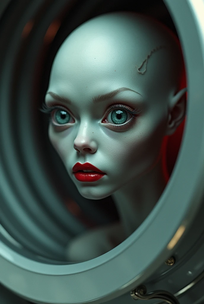 Portrait of a confused sexy female grey alien inside a ufo with very huge tits. Close up. Red lipstick