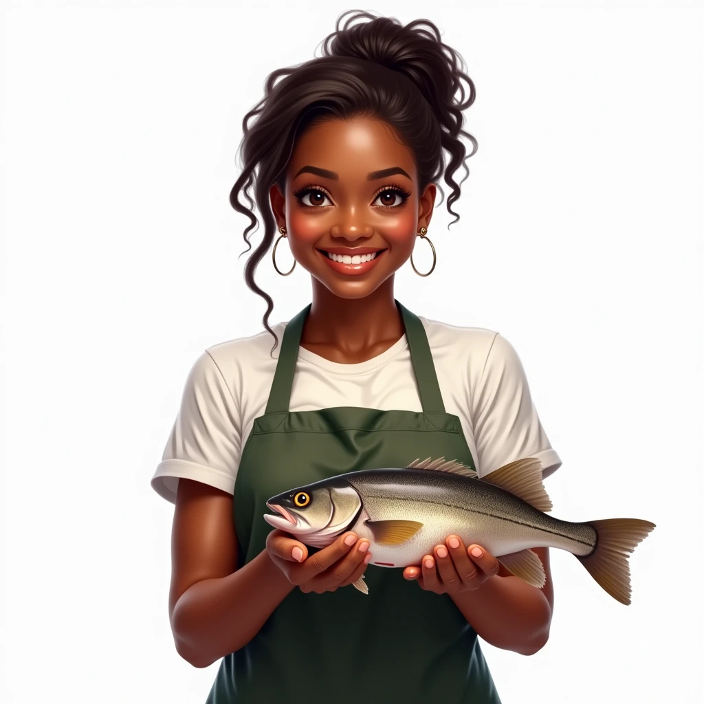 Woman, chef, black skin, smiling, holding fresh live fish, relaxed pose, best quality, detailed, white plain background