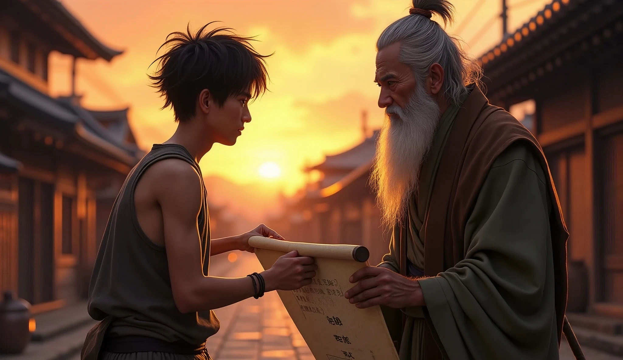 ((best quality)) A traditional Japanese village with wooden houses, at sunset. Shin, a young man with messy black hair and simple apprentice clothes, listens attentively to the sage, an old man with a staff and a long white beard, while pointing to an ancient scroll.