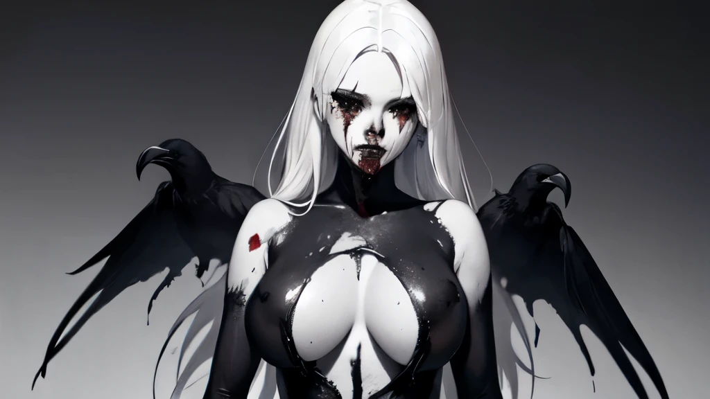 bs, solo, simple background, monochrome, upper body, greyscale, bodysuit, black background, 1other, monster, arms at sides, horror (theme) there is a large-breasted woman in the picture with her arms torn off and her face bleeding, ravens flying in the background, stocking, hot lingerie, big boobies, red paint splatted on it, white hair