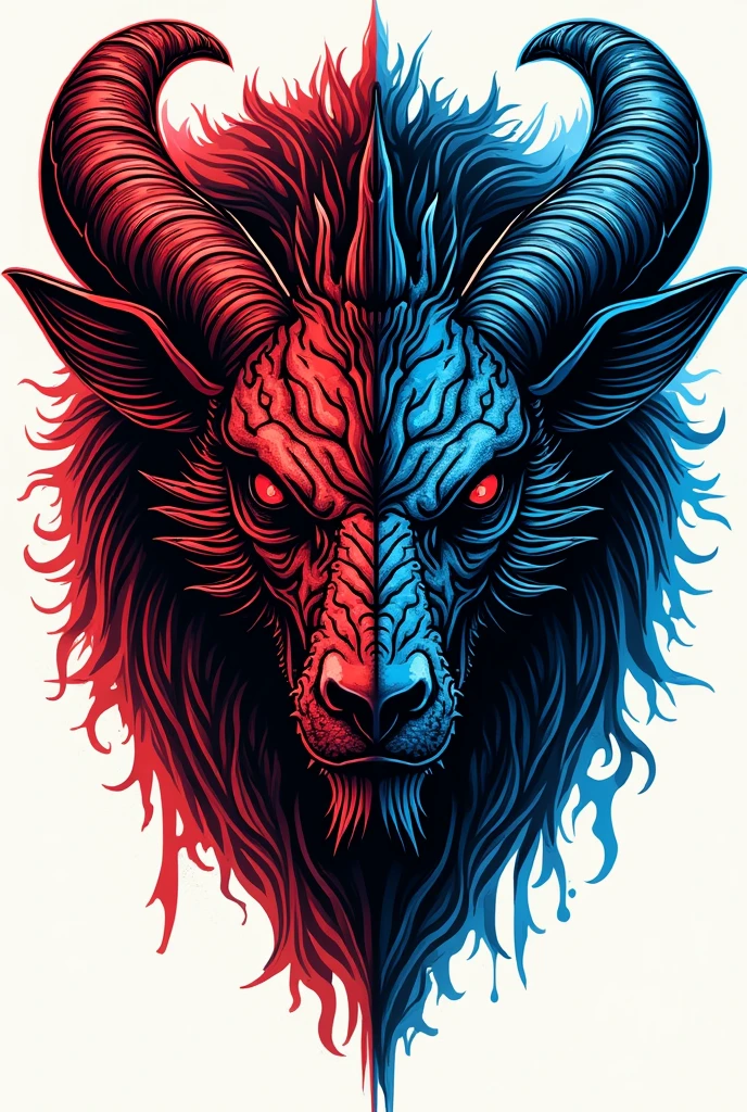 A band logo, where on the left side a super realistic and scary dragon with red and black outline, and on the right side a super realistic scary goat with blue and black outline.