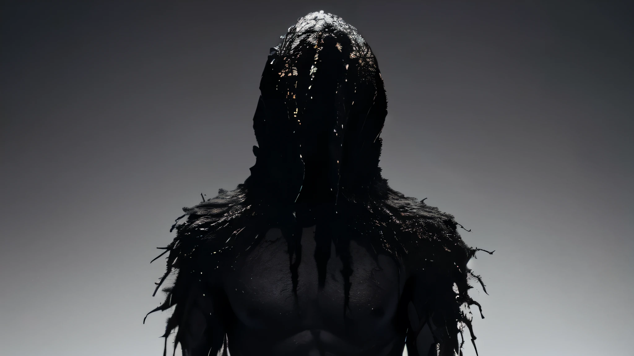 bs, solo, simple background, monochrome, upper body, greyscale, bodysuit, black background, 1other, monster, arms at sides, horror (theme)