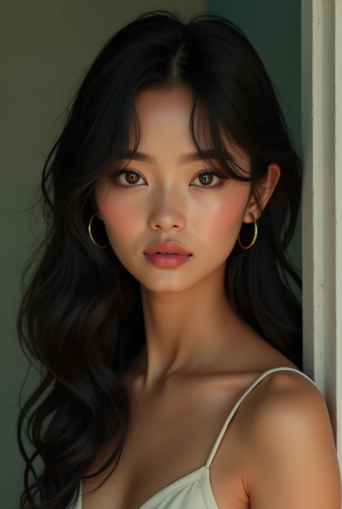 a beautiful filipina girl with black hair and dark hazel eyes, slim body and long layered hair with bangs. medium tan skin. eyes is small and monolids