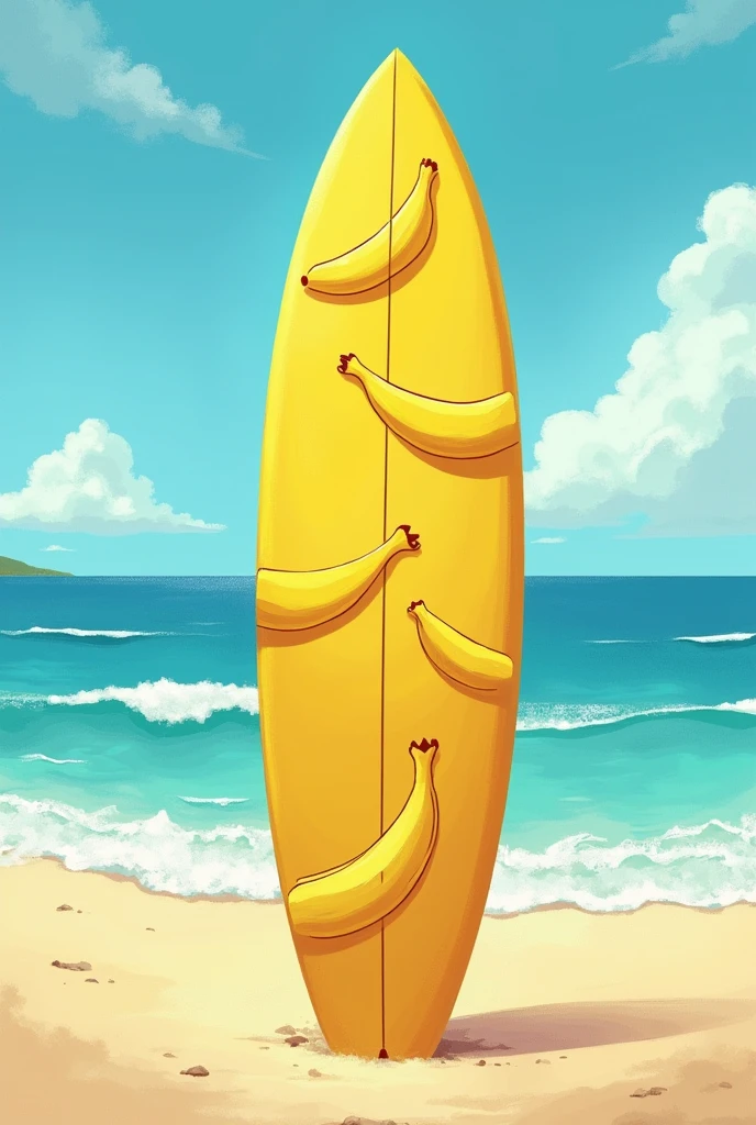 Surf board stand on the beach with yellow pastel colors and bananas painted on the board. Painting style.
