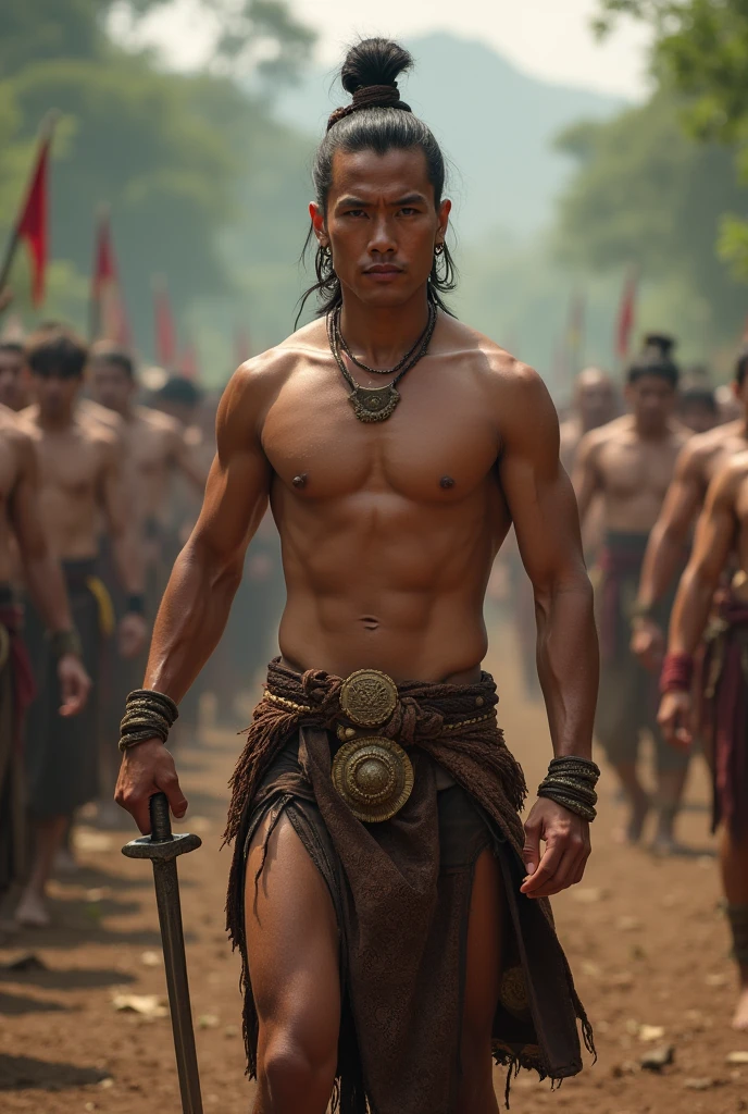 Muscular Thai man holding a sword, not wearing a shirt, ancient Thai pants, war scene in Thailand