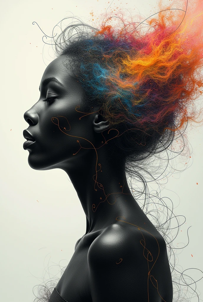 I AM a work of art A PERFECT FRONT-FACED PORTRAIT OF DIFFERENT RACES THAT SEE ALL AND THAT USES ALL THE ELEMENTS OF OTHER WORLDS surreal that IS the abstract form of a beautiful woman. His figure is composed entirely of intertwined SURREAL CHAOS that come in and out, forming A BODY FROM ANOTHER WORLD. THINGS vary in thickness, some daring and others fine, creating a sensation of depth and movement, reveals a serene and hopeful expression. The background is a dreamlike swirl of soft pastel colors that blend seamlessly with the lines., suggesting an otherworldly landscape. Subtle touches of light radiate from its shape, symbolizing hope and inner strength, as if emerging from chaos into a world of possibilities. The overall effect is both delicate and powerful., and captures the essence of beauty and hope in an abstract and surreal style. NOTABLE DEPTH OF FIELD RULE OF THIRDS 24K PHOTOSHOP-LIKE FINISH COMBINES BLACK AND WHITE WITH BRIGHT COLORS