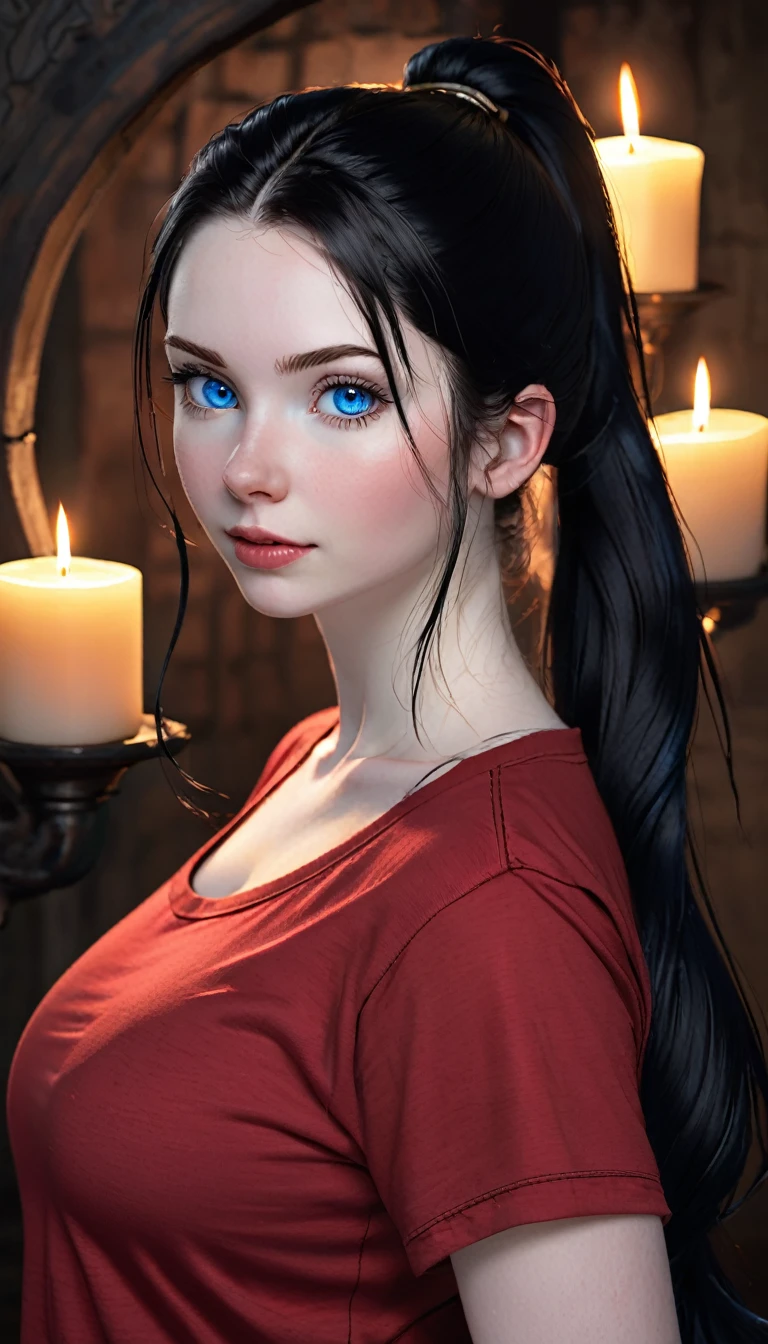 skini girl, red t-shirt , (((((pale skin)))))), blue eyes, white girl, deep black hair, ultra realistic, 16 years old, large breast, (((huge breast))), ponytail hair, candle lights,