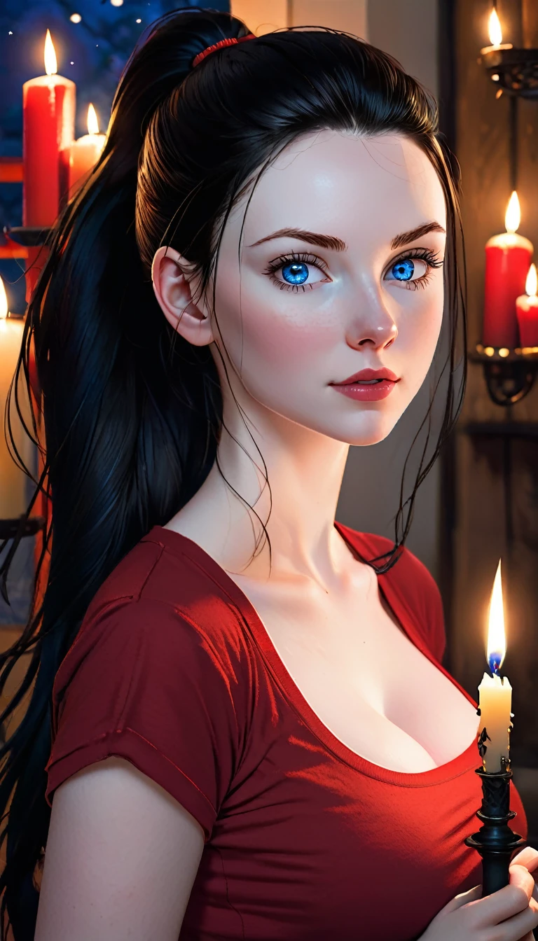 skini girl, red t-shirt , (((((pale skin)))))), blue eyes, white girl, deep black hair, ultra realistic, , large breast, (((huge breast))), ponytail hair, candle lights,