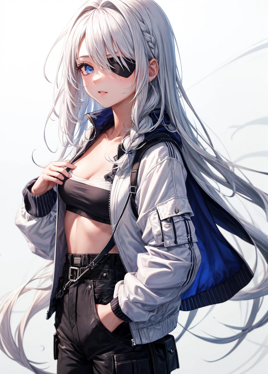 (absurdres, 8k, 4k, masterpiece, hyper extreme detailed:1.2), solo, 1girl, portrait, best quality, expressive eyes, perfect face, portrait, looking at viewer, solo, standing, casual wear, toned, white haired, eye patch, braided hair, long hair, medium breasts, scars, blue eyes, very long hair, military, cargo pants, white jacket,