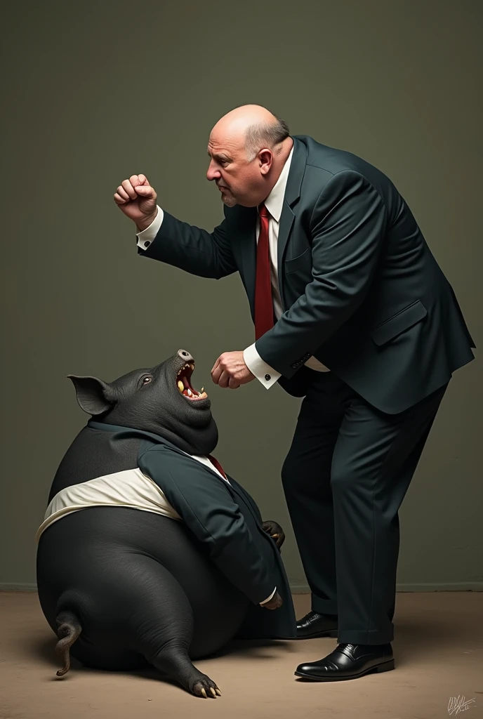 Black fat pig in formal suit lying on the floor and man in formal suit, hitting him 