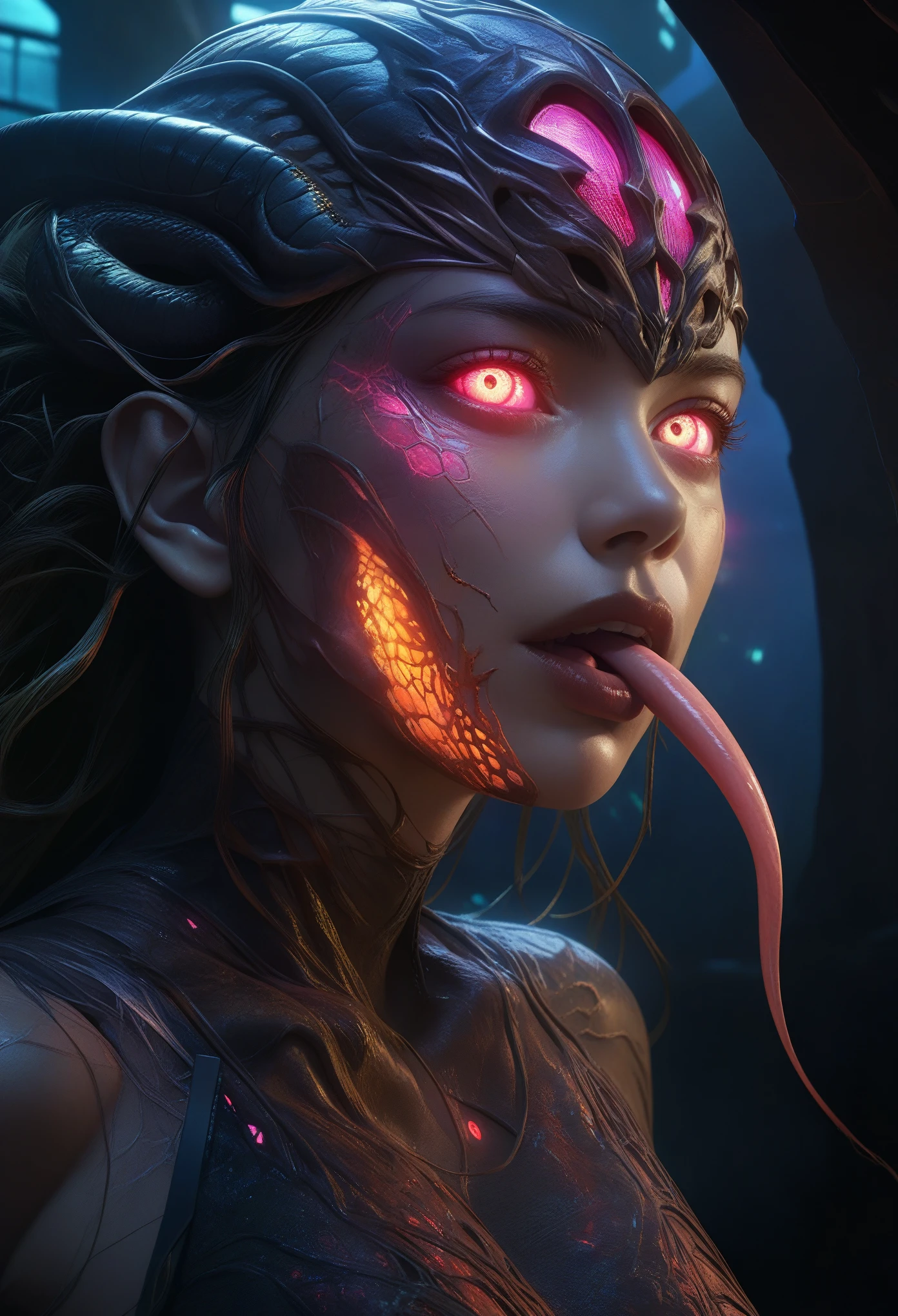 score_9, score_8_up, score_7_up, 1 female medusa alien, A scene from a horror movie, beautiful detailed eyes, A third eye on the forehead, beautiful detailed lips, extremely detailed face and eyes, long eyelashes, (long tongue like a snake:1.2), intricate insect-like features, glowing compound eyes, scythe-like forelimbs, alien carapace, vibrant colors, futuristic sci-fi environment, neon lights, glowing energy field, complex technological architecture, dramatic lighting, cinematic atmosphere, award winning digital art, hyper realistic, 8k, high quality, masterpiece, Bioluminescence, Translucent armor, thespiritde, concept art, hypre detailed moist skin texture, (Best Quality, 4K, 8K, High Definition, Masterpiece:1.2), (Ultra Detailed, Realistic, Photorealistic:1.37),