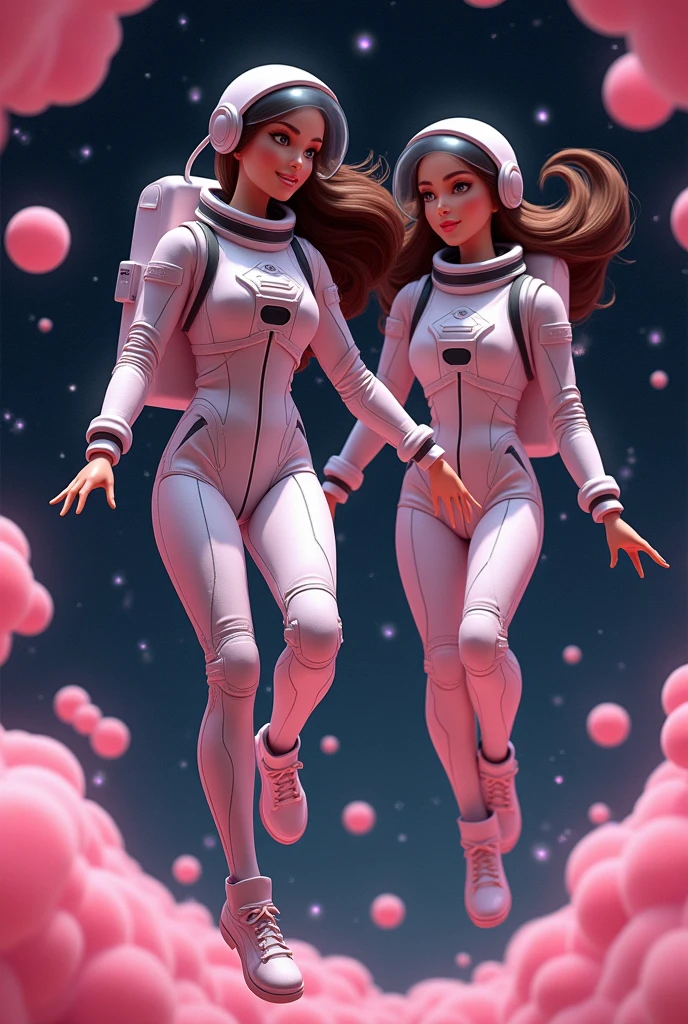 2 brunette barbie dolls astronauts in space with pink beauty objects