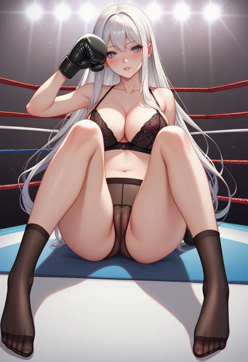 A slim beautiful girl,Good shape,Pretty Face,detailed picture, blush,White long hair,Wearing sexy lingerie,Wearing black tights,No shoes,Wearing boxing gloves，Wearing black sleeves,Sitting alone in the boxing ring,Large Breasts,Cleavage,Thin legs,nipple,Camel toe,Sole