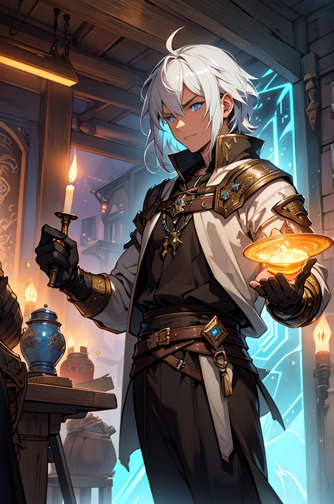 A charismatic bard in richly detailed medieval attire, blending futuristic elements like a holographic lute and advanced technology accessories. He stands at the center of a rustic tavern, surrounded by an attentive audience of adventurers and fantastical creatures. The soft glow of torches contrasts with subtle neon lights and floating holographic interfaces as he tells an epic tale. The setting combines aged wood with futuristic metallic details, creating a unique fusion of past