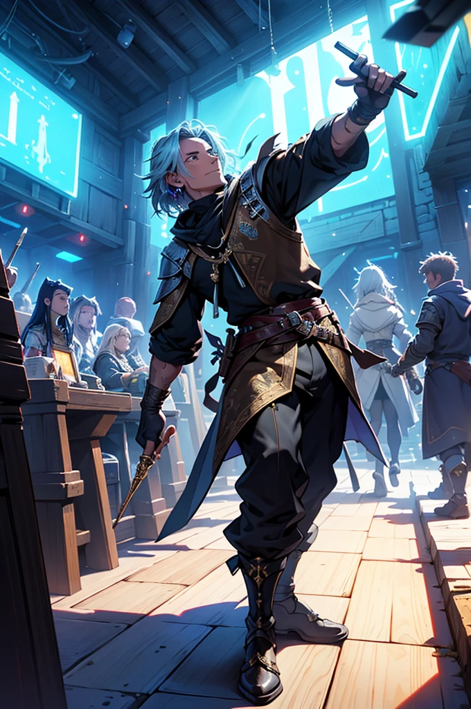 A charismatic bard in richly detailed medieval attire, blending futuristic elements like a holographic lute and advanced technology accessories. He stands at the center of a rustic tavern, surrounded by an attentive audience of adventurers and fantastical creatures. The soft glow of torches contrasts with subtle neon lights and floating holographic interfaces as he tells an epic tale. The setting combines aged wood with futuristic metallic details, creating a unique fusion of past