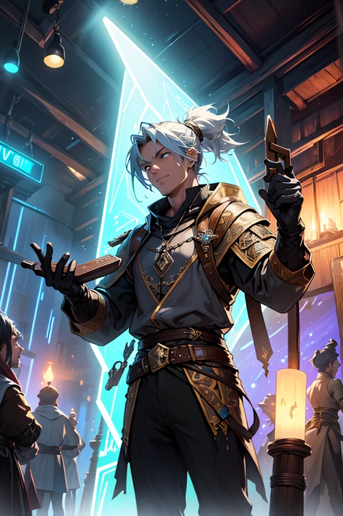 A charismatic bard in richly detailed medieval attire, blending futuristic elements like a holographic lute and advanced technology accessories. He stands at the center of a rustic tavern, surrounded by an attentive audience of adventurers and fantastical creatures. The soft glow of torches contrasts with subtle neon lights and floating holographic interfaces as he tells an epic tale. The setting combines aged wood with futuristic metallic details, creating a unique fusion of past