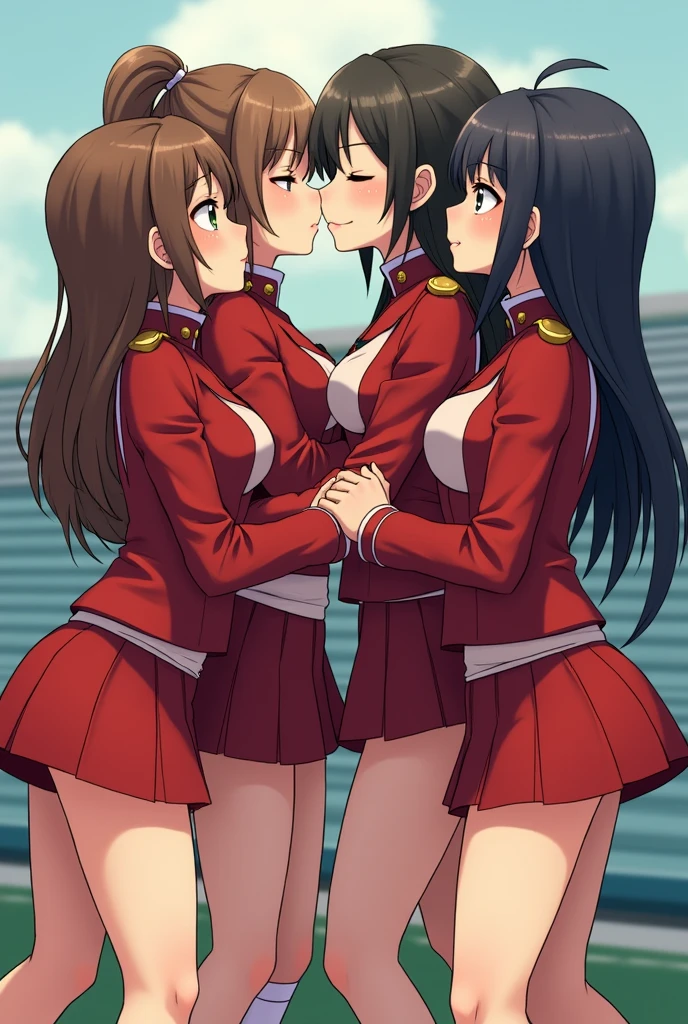 detailed picture of 4 extremely cute and beautiful marching band girls kissing in short skirts showing panties