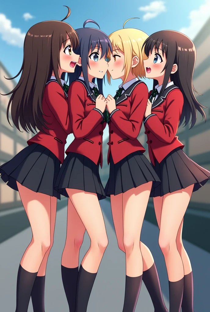 detailed picture of 4 extremely cute and beautiful marching band girls kissing in short skirts showing panties