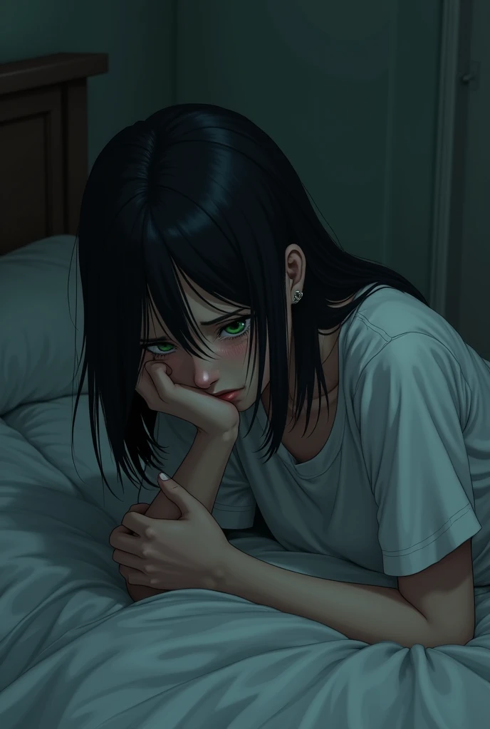Woman 20-25 years old, Black-haired girl with green eyes crying in the corner of her bed collapsed on her knees while she dries her disheveled tears, pale white pretty at night looking at her hands while crying