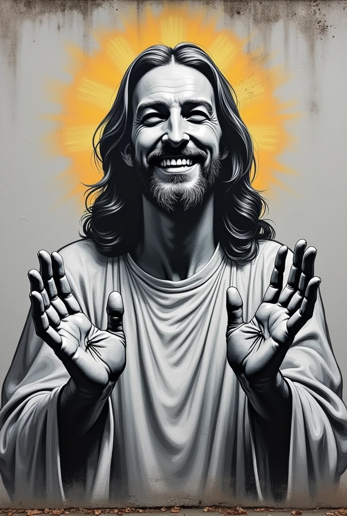 Graffiti drawing of Jesus Christ smiling and extending his hands containing the marks of the nail, as if calling someone