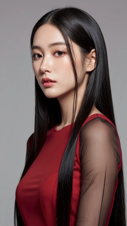 ((surreal、Super detailed image, maybe a photo.,Captures the details of the skin texture of an incredibly beautiful woman..))long straight black hair。best quality, (Photorealistic:1.2), 1girl, Alone, detailed face,(upper body),standing, lips, ,pureerosface_v1 ,red clothes,