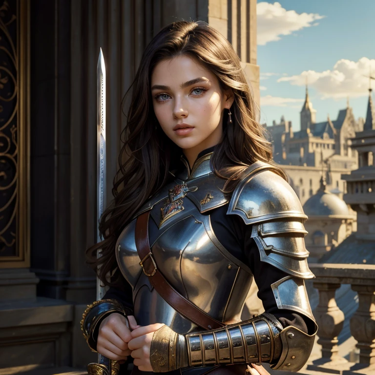 (masterpiece, best quality:1.5), highest quality, High resolution, super detailed, Realists, Upper body photo of a 22-year-old brunette warrior, detailed and beautiful eyes, beautiful detailed lips, very detailed eyes and face, longeyelashes, 22-year-old warrior in armor, Beautiful and colorful makeup, Wields a noble sword, Gardens as background, soft daylight, bright colors, fine brushstrokes, Portrait style, beautiful color palette, glowing skin, First-class rendering, that captures every detail, enchanting atmosphere, subtle shadows and lights, (perfect anatomy:1.2), (The stunning 22-year-old warrior wields a sword. (magnificent panorama view:1.2)