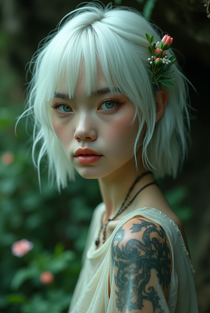 a vietnamese girl, solo, white hair, tattoo, cave, green, flower, beautiful, idyllic, wonderful, absurd, surreal, textured, maximum detail, dslr,Transparent clothing, masterpiece, best quality:1.2),,(8k,highres,RAW photo,realistic,photo-realistic:1.3),(detailed skin texture,detailed cloth texture,detailed water, texture, beautiful detailed face:1.25),professional lighting,photon mapping,beautiful soft light,radiosity,physically-based rendering,raytracing, model shoot style, model shoot style, (extremely detailed CG unity 8k wallpaper), full shot body photo of the most beautiful artwork in the world,