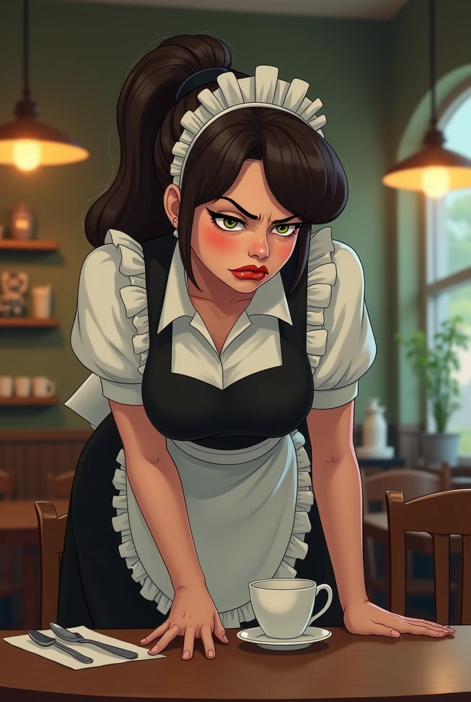 woman has a coffee shop maid angry and bored look on her face bends over on table, with Big tits
