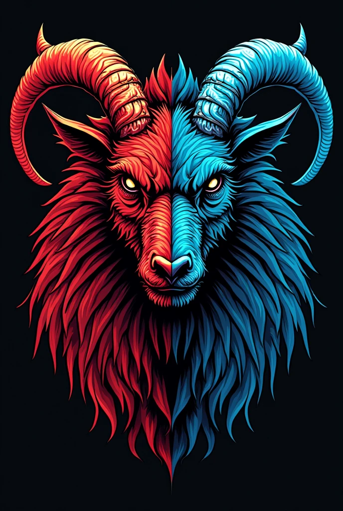 A band logo, where on the left side a super realistic and scary dragon with red and black outline, and on the right side a goat also super realistic scary with very large horns and blue and black outline. Both with very scary black and dark eyes