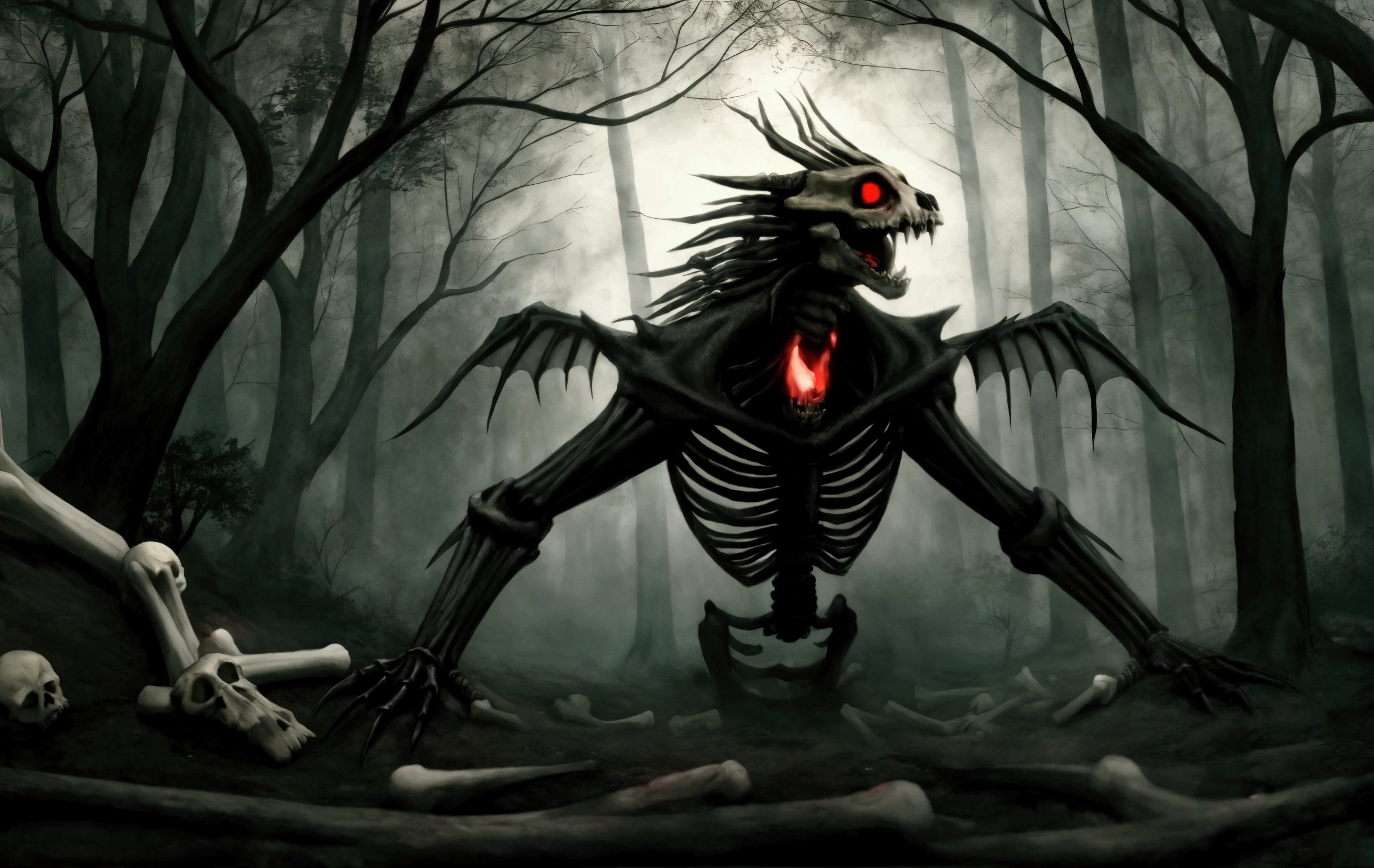red eyes, absence of flesh, living dragon skeleton, dark forest, horror, open mouth, sharp fangs, bone wings, Bones, hollow eyes, creepy lighting, chiaroscuro, depth of field, atmospheric perspective, panorama, masterpiece, anatomically correct, 8k, best quality, highres