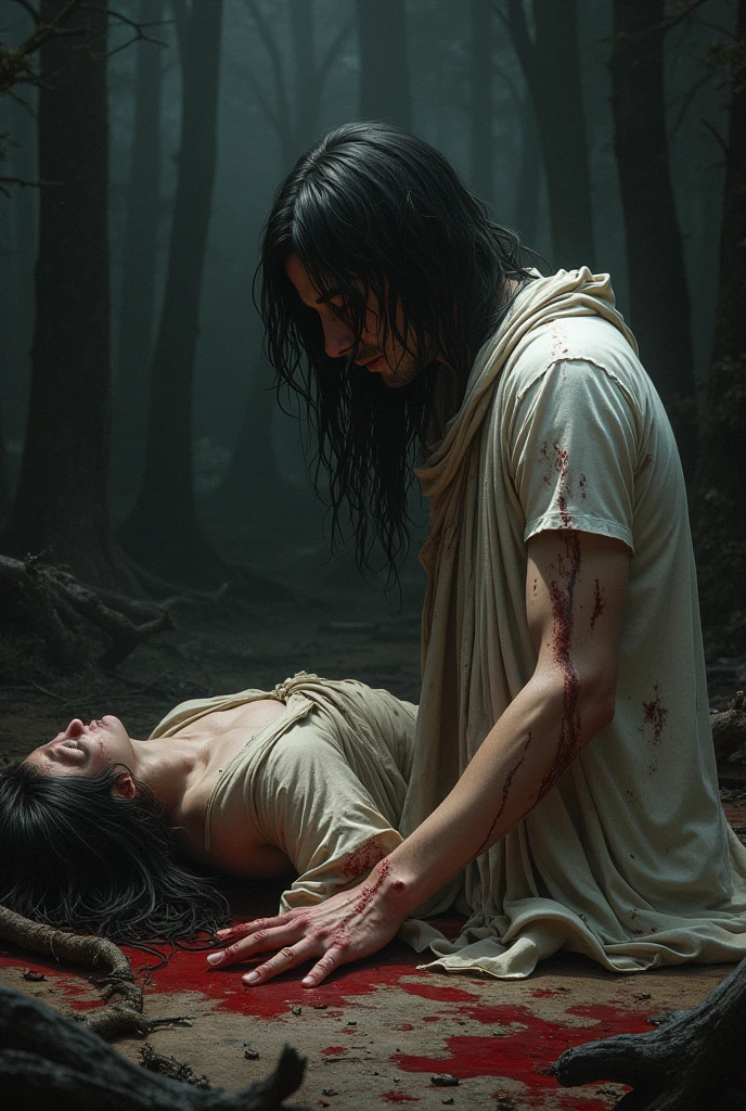 Young thin man with long black hair dead, with fatal skin wounds, blood and something burned on the ground of a forest. A sad griffin resting his head on the dead man. Lugrube stage