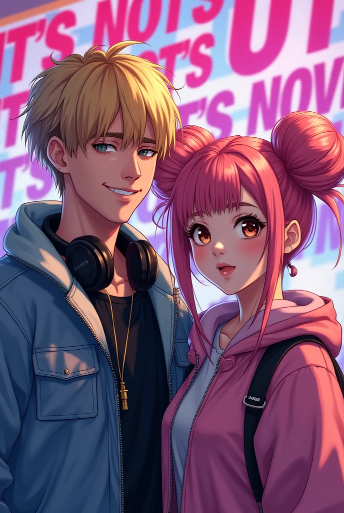 A layer of "IT'S NOT U IT'S ME" presents DJ Tyde West American male, hair blonde, bangs with shaved sides and friendly face, jacket and headphones, and brown-eyed Japanese singer Sakura Rina with pink hair in space buns. The vibrant and dynamic realistic image background