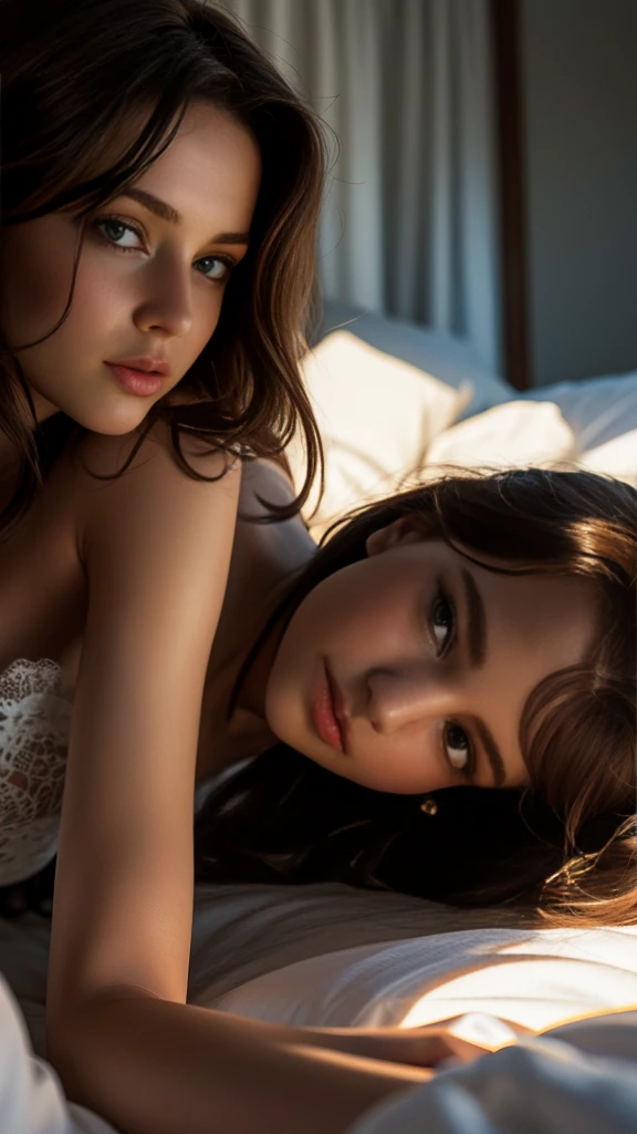 A brunette woman with brown eyes in bed in pyiamas