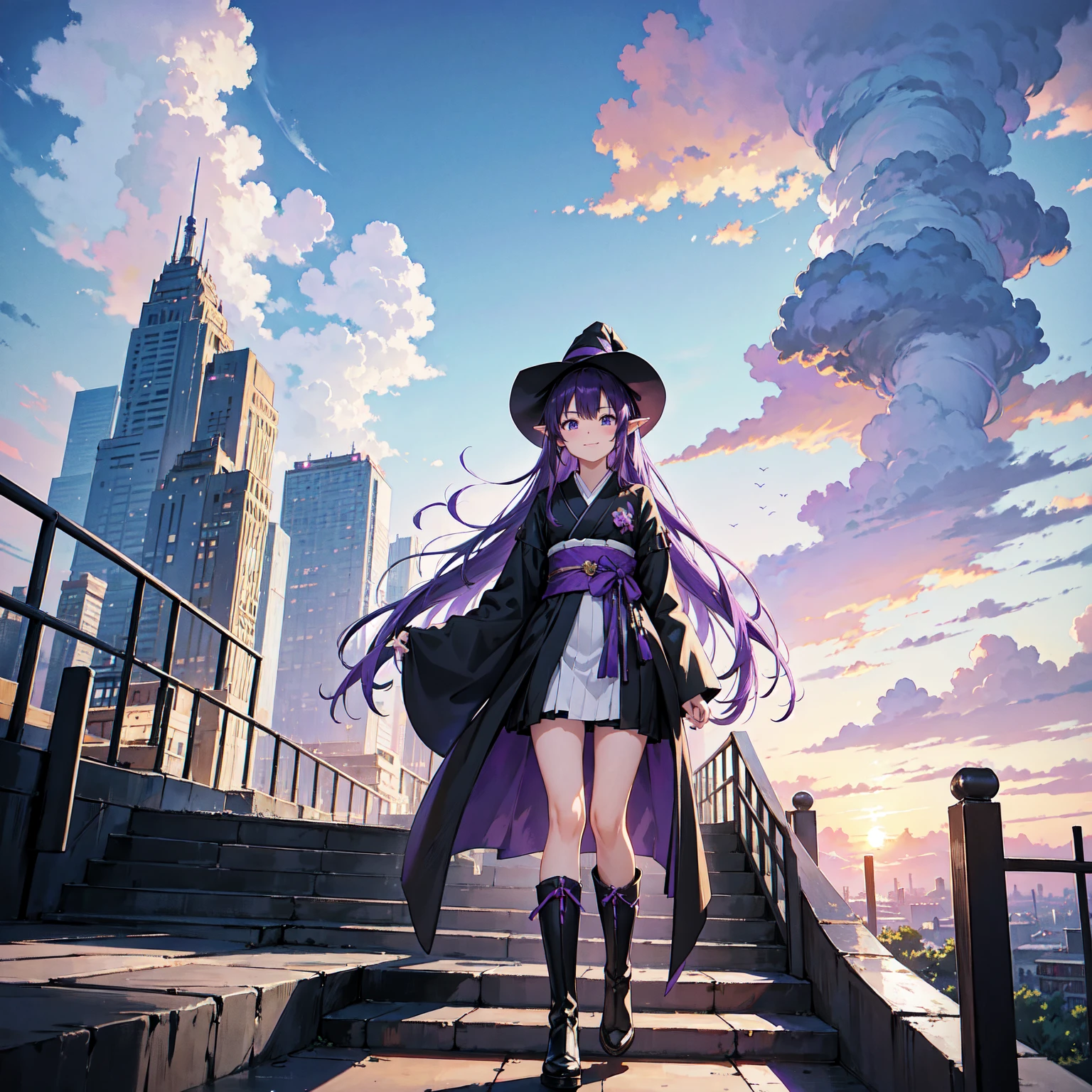 A girl with long violet-purple hair. A gentle, full smile. Pointy elf ears. Her clothes are simple: a black robe with wide sleeves and a black miniskirt. Her knees are showing. The front has a V-shaped white insert like a kimono. A witch's hat with purple ribbons on either side. Gentle face. Black boots. Background, bright painting, Makoto Shinkai, endless stairs only, floating long stairs, floating stairs in the air, stairs above clouds, illustration, nostalgic, vivid, above clouds, bright, fresh, sunset. A maze of connected stairs.
