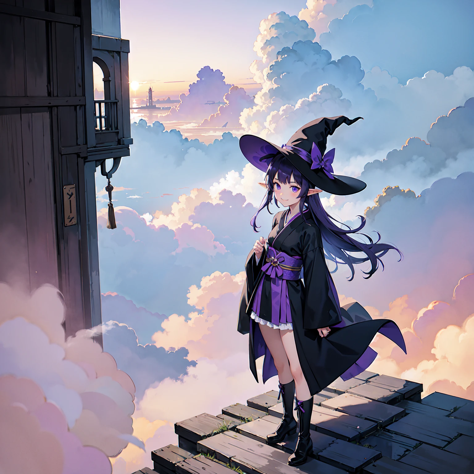 A girl with long violet-purple hair. A gentle, full smile. Pointy elf ears. Her clothes are simple: a black robe with wide sleeves and a black miniskirt. Her knees are showing. The front has a V-shaped white insert like a kimono. A witch's hat with purple ribbons on either side. Gentle face. Black boots. Background, bright painting, Makoto Shinkai, endless stairs only, floating long stairs, floating stairs in the air, stairs above clouds, illustration, nostalgic, vivid, above clouds, bright, fresh, sunset. A maze of connected stairs.