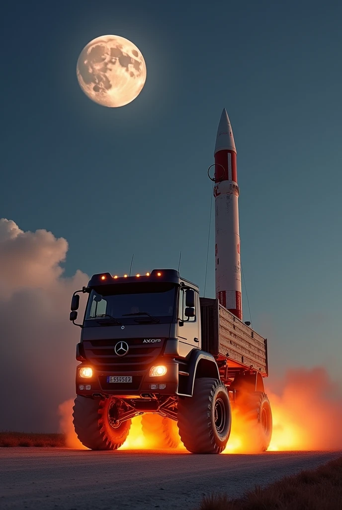 Rocket towards the moon, this rocket has wheels, the front of the rocket is from the mercedes axor truck, fire coming out of the wheels