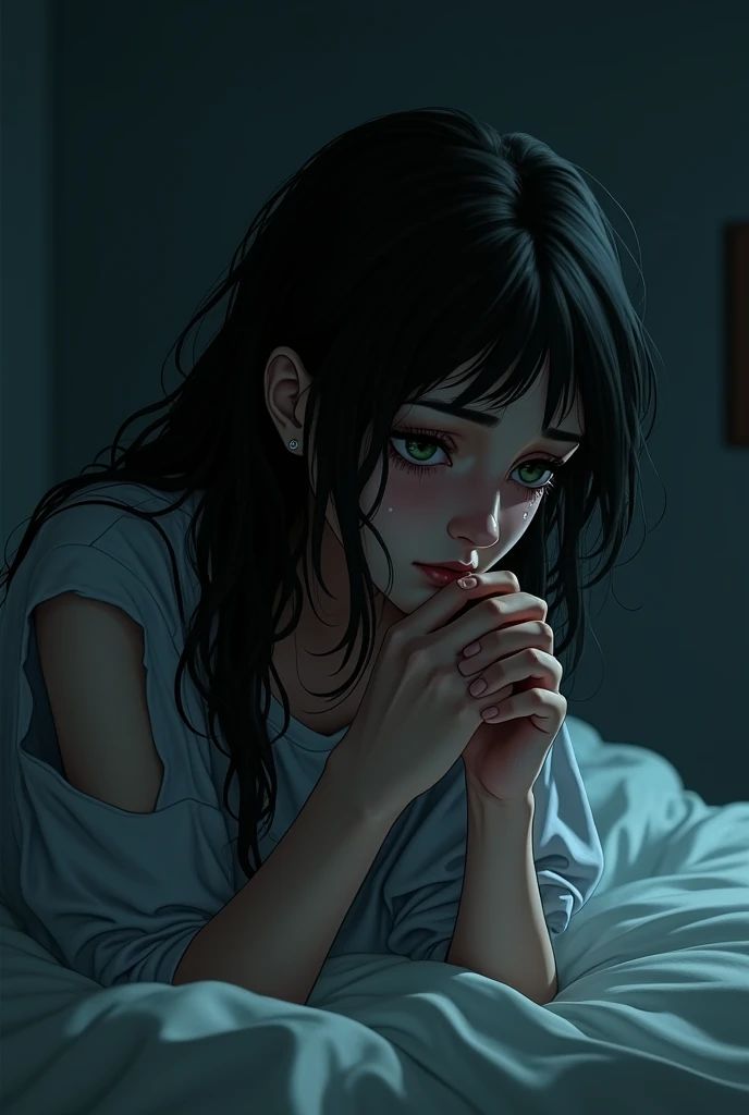 Woman 20-25 years old, Black-haired girl with green eyes crying in the corner of her bed collapsed on her knees while she dries her disheveled tears, pale white pretty at night looking at her hands while crying