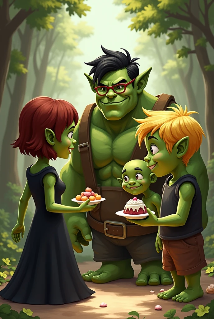 A princess with a black dress and short hair.
She is with three fun-loving green-skinned teenage ogres..
The first ogre is thin and has red hair and wears glasses..
The second ogre is muscular and bald The third is blond and very charming The 4 were eating sweets