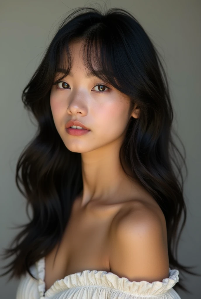 a beautiful filipina girl with black hair and dark hazel eyes, slim body and long layered hair with bangs. medium tan skin. eyes is small and has no eyelids. medium thin eyebrow.