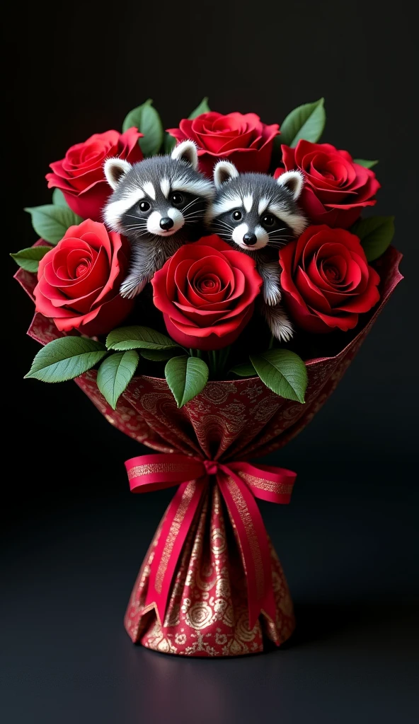 A mesmerizing 3D render of a one-of-a-kind floral arrangement, featuring dark red roses with adorably fluffy baby raccoons peeking out from their centers. Each raccoon's curious expression adds a touch of whimsy to the design. The roses are elegantly wrapped in intricately patterned paper and tied together with a striking ribbon. The dark background contrasts the vibrant colors of the roses and raccoons, creating a visually stunning piece. This conceptual art piece seamlessly combines elements of fashion, product, and photography, making it an extraordinary masterpiece., conceptual art, fashion, 3d render, vibrant, product, photo