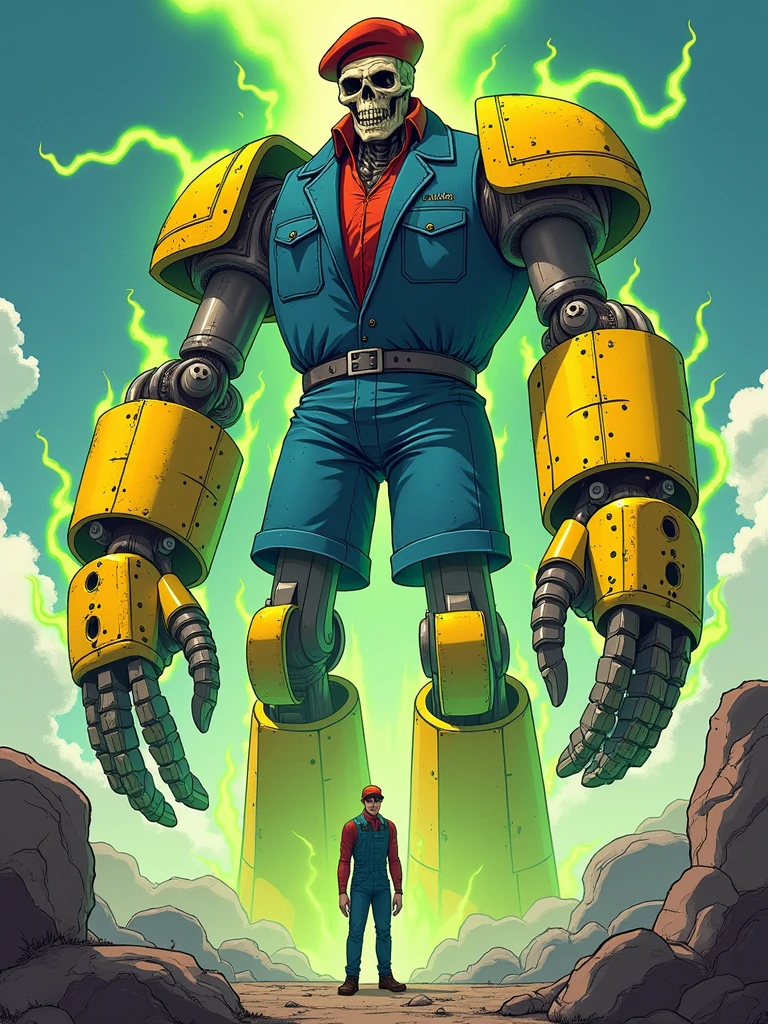 A serious monster character, he's a colossal giant with long legs, who wears blue plumber clothes with a red blouse underneath, he has a red beret. He has yellow robotic parts on his body exuding radioactive green energy, his face is skeletal denified by radiation, he wears remnants of radioactive yellow suit., RPG Character Art Style, Full Body, Manga Art Style