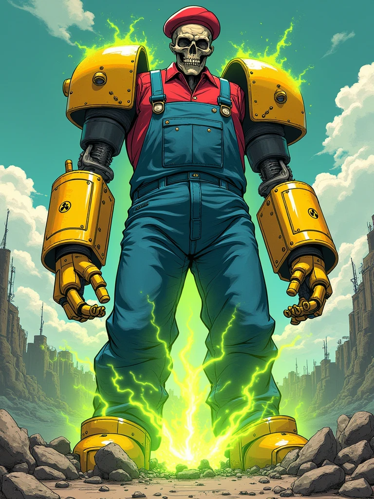A serious monster character, he's a colossal giant with long legs, who wears blue plumber clothes with a red blouse underneath, he has a red beret. He has yellow robotic parts on his body exuding radioactive green energy, his face is skeletal denified by radiation, he wears remnants of radioactive yellow suit., RPG Character Art Style, Full Body, Manga Art Style