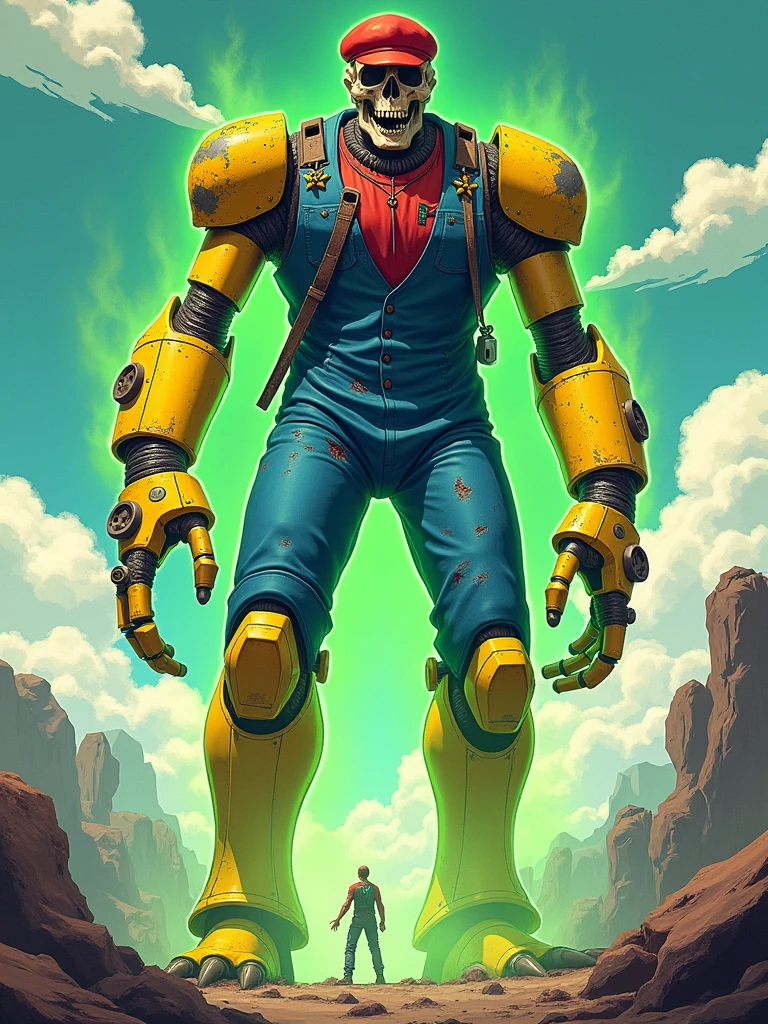 A serious monster character, he's a colossal giant with long legs, who wears blue plumber clothes with a red blouse underneath, he has a red beret. He has yellow robotic parts on his body exuding radioactive green energy, his face is skeletal denified by radiation, he wears remnants of radioactive yellow suit., RPG Character Art Style, Full Body, Manga Art Style